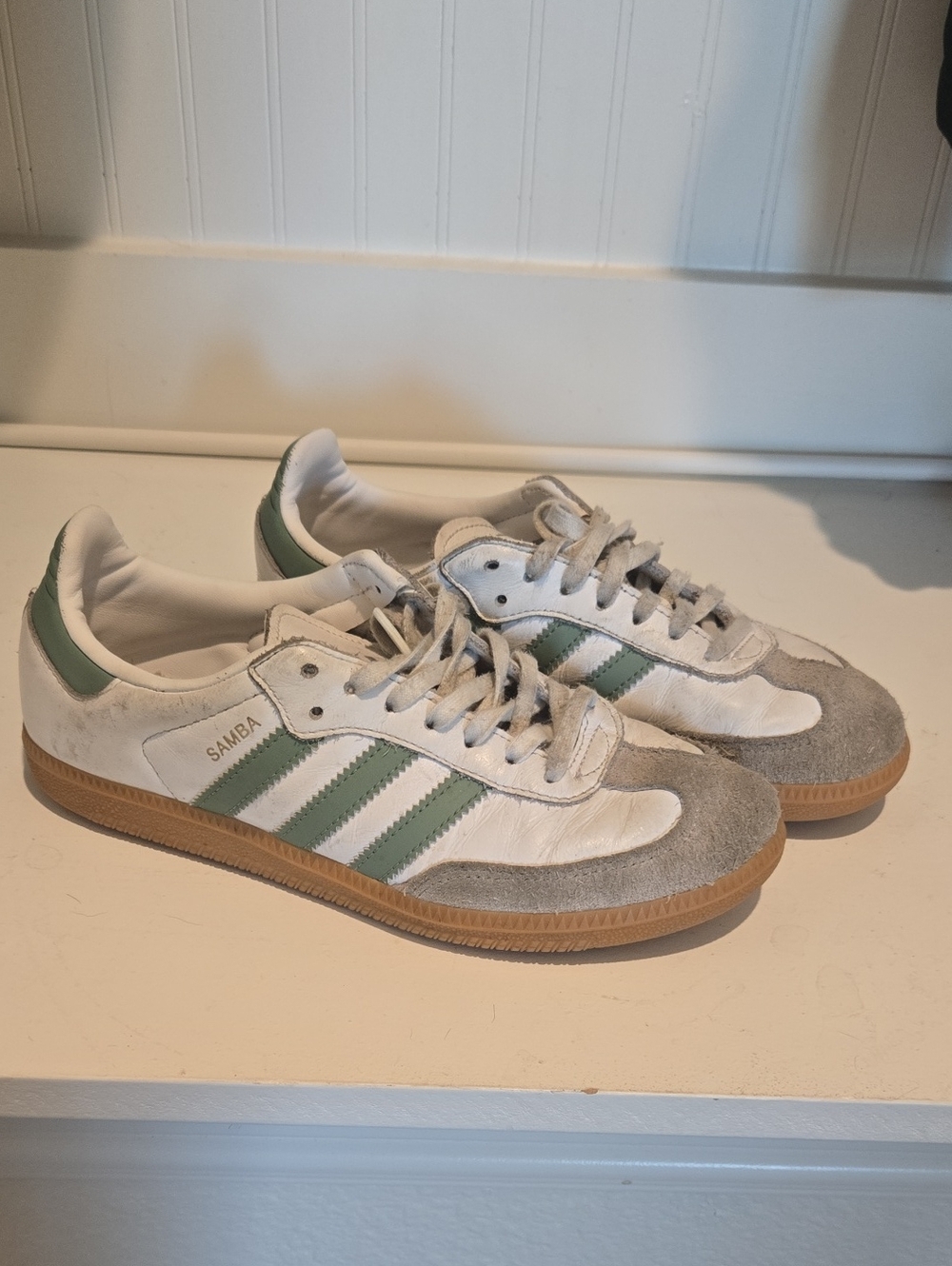Adidas Samba Sneakers - White & Light Green, Womens SIZE 5